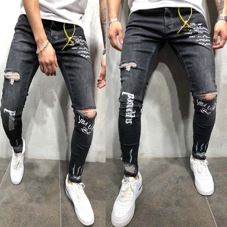 Men's New Stretchy Ripped Skinny Jeans Destroyed Denim Pants Mens Casual Elastic Waist Pencil Pants - Color: 1