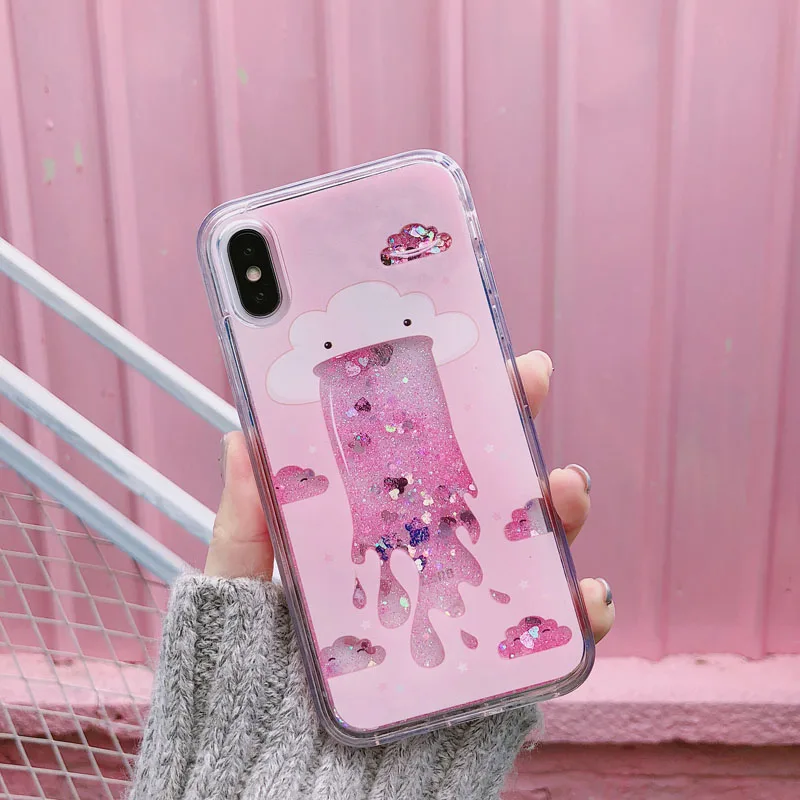 

Cute Water Spray Cloud Glitter Case For iPhone 6 6S 6Plus 7 8 X XR Xs Max Liquid Dynamic Quicksand Coque Phone Case