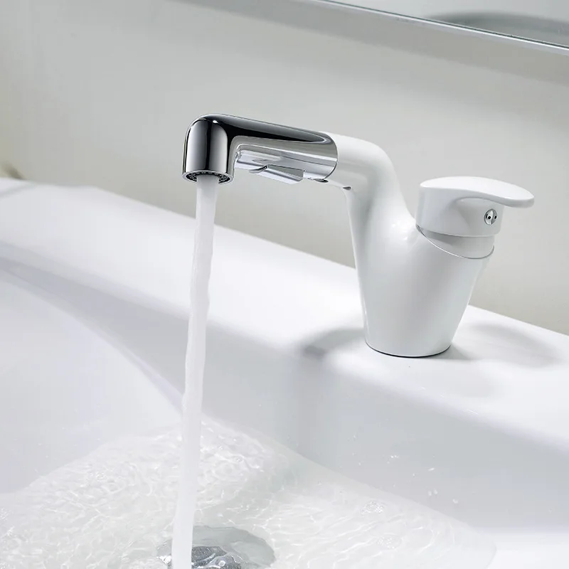 White Pull Out Faucet Solid Brass Bathroom Sink Faucet Two