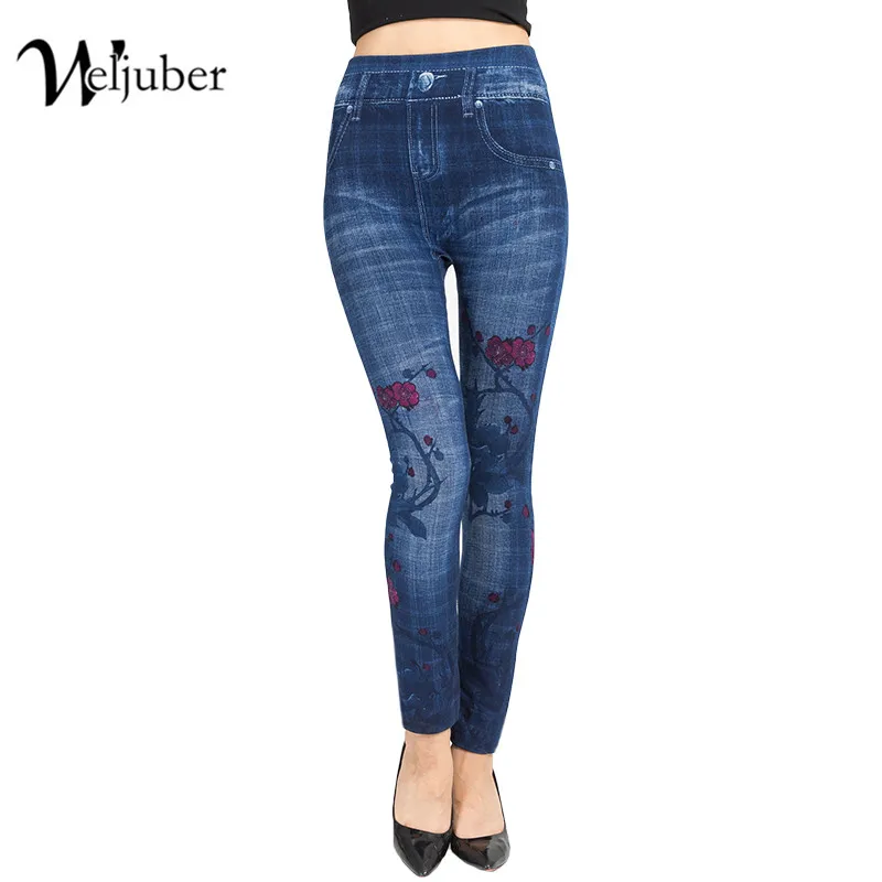 

Weljuber New Women Mock Pocket Leggings Autumn Slim Print Leggings Woman Jeggings Ladies Denim Skinny Jeans Trousers