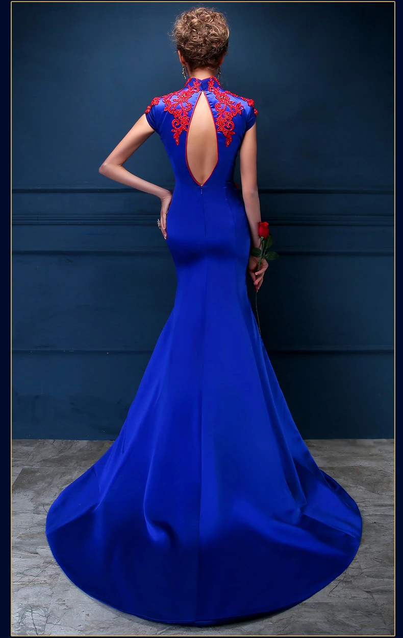 Королевский Синий Атлас Qipao Oriental платье с русалочкой сексуальные китайские платья вечерние Гала платье вечернее платье для мусульманских