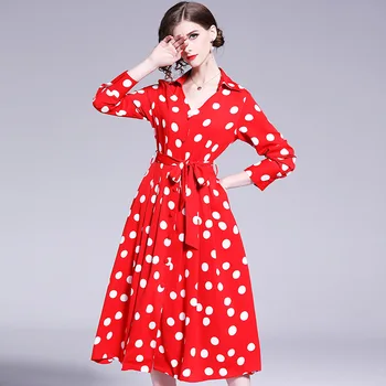 

summer womans midi-length dot dress with long sleeves red wave point elegant slim office ladys dress sashes turn-down collar