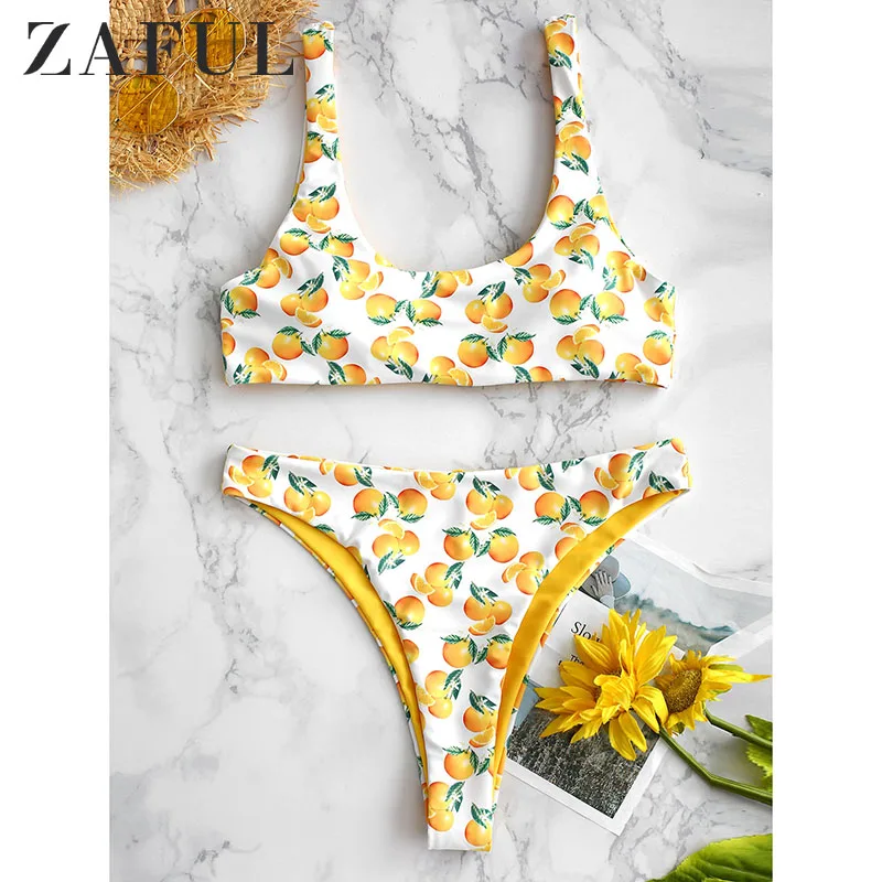  ZAFUL Summer Bikini Set Tube Top Orange Swimwear Push-Up Padded Print Off Shoulder Brief Swimsuit T