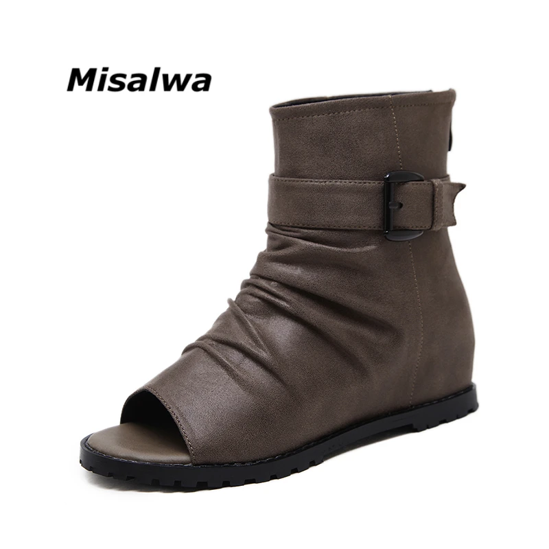

Misalwa Rome Style Black Women Summer Boots 2019 Hot Zipper Women Shoes Peep Toe Wedges Buckle Ankle Boots Drop Shipping