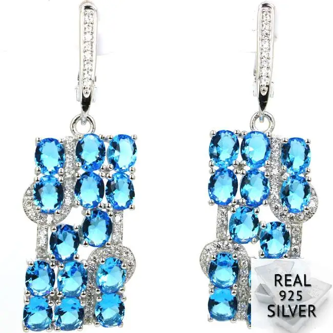 

8.4g Real 925 Solid Sterling Silver Ravishing Paris Blue Topaz CZ Woman's Engagement Earrings 45x15mm