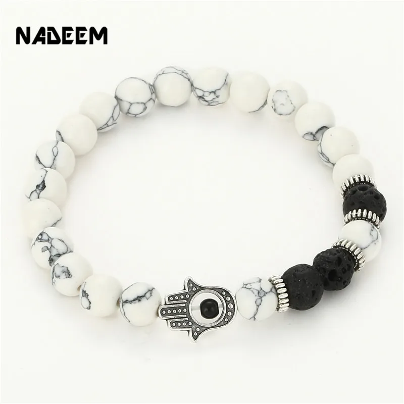 

2017 Mens Bracelet Natural Lava White Turquoise Stones Silver Hamsa Hand Charm Bracelet Bead Fitness Rockmen Bracelet ND2614