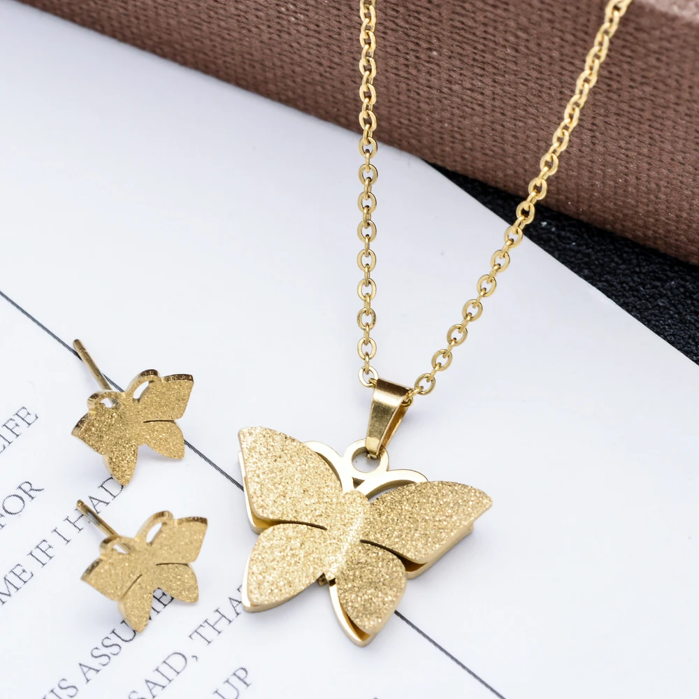

Luxury Stainless Steel Jewelry Sets for Women Men Gold Color Butterfly Flower Dragonfly Necklaces Small Stud Earrings Fashion