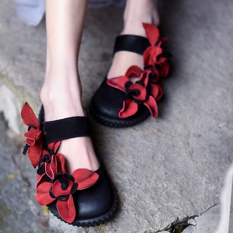 

Artmu Fashion Red Flowers Women Flats Shoes Retro Handmade Cow Leather Shoes Woman Vintage Comfort Shoes flat shoes women