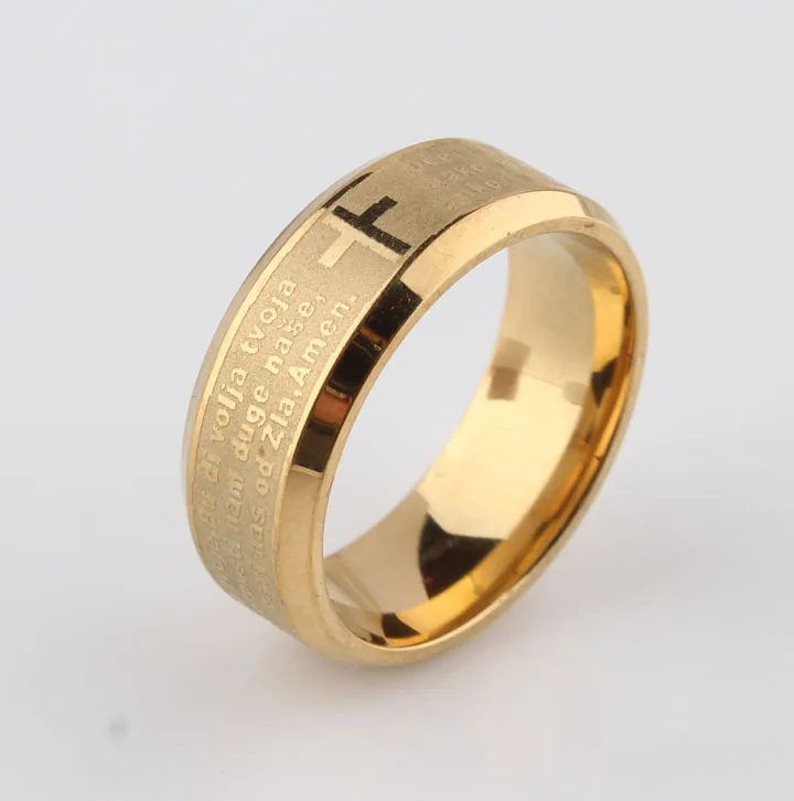 Stainless Steel Ring Finger Ring Bible Stainless Steel Ring Father Prayer Padre Nuestro Cross Rings 8mm Men Jewelry