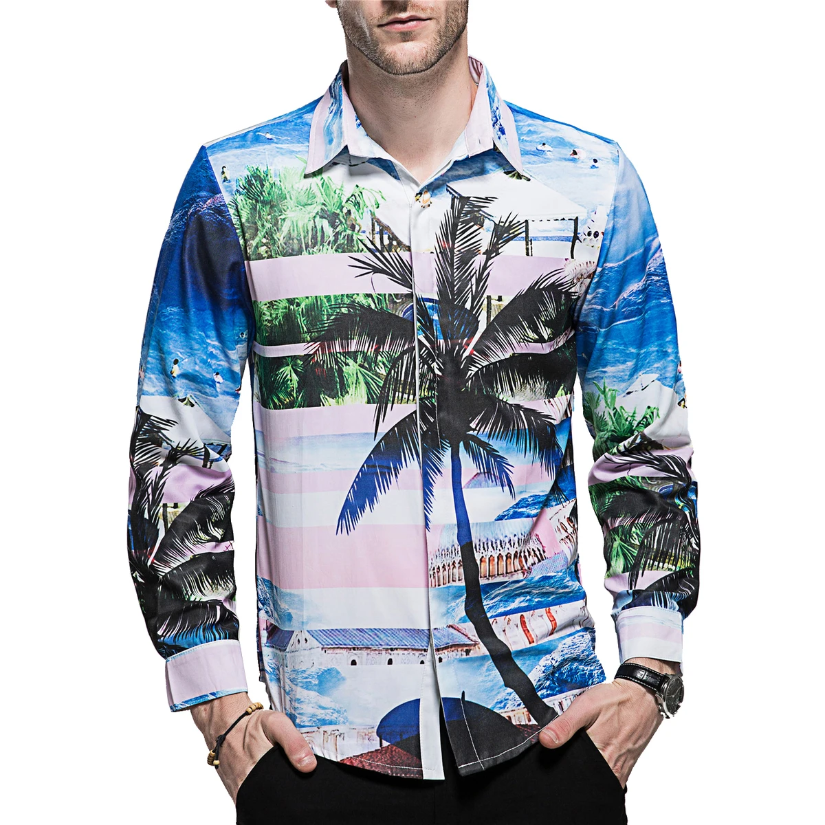 

Foreign Trade New Pattern Man Long Sleeve Number Printing Palm Tree On Vacation Wind Leisure Time Shirt blue Free shipping