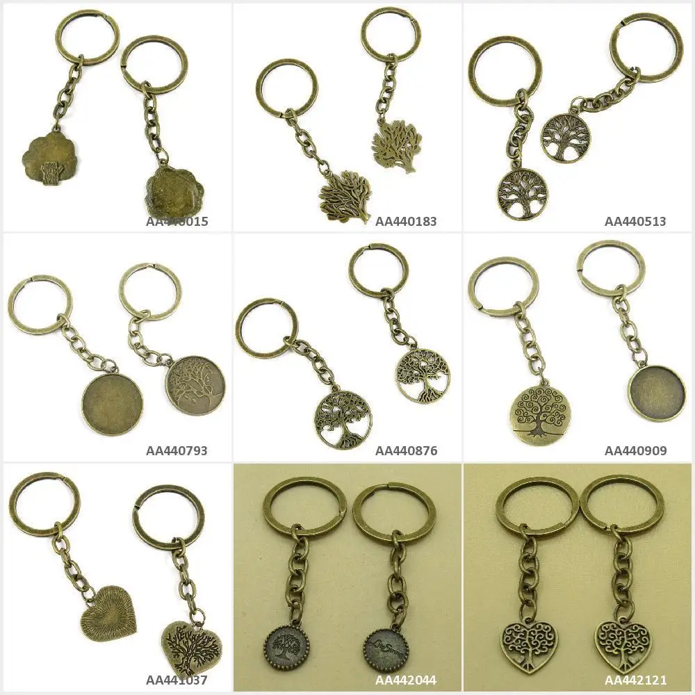 

Antique Bronze Tone Keychain Keyring Keytag Life String Tree Oak Heart Round Cabochon Base Blank Three Key Chain Ring Bag Charms