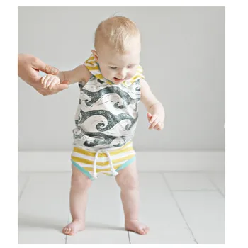 

2pcs!!2017 Summer Newborn Baby Boys Tops Sleeveless Hooded Striped Vest+ Pants Shorts Outfits Sunsuit Cotton Clothes Set New