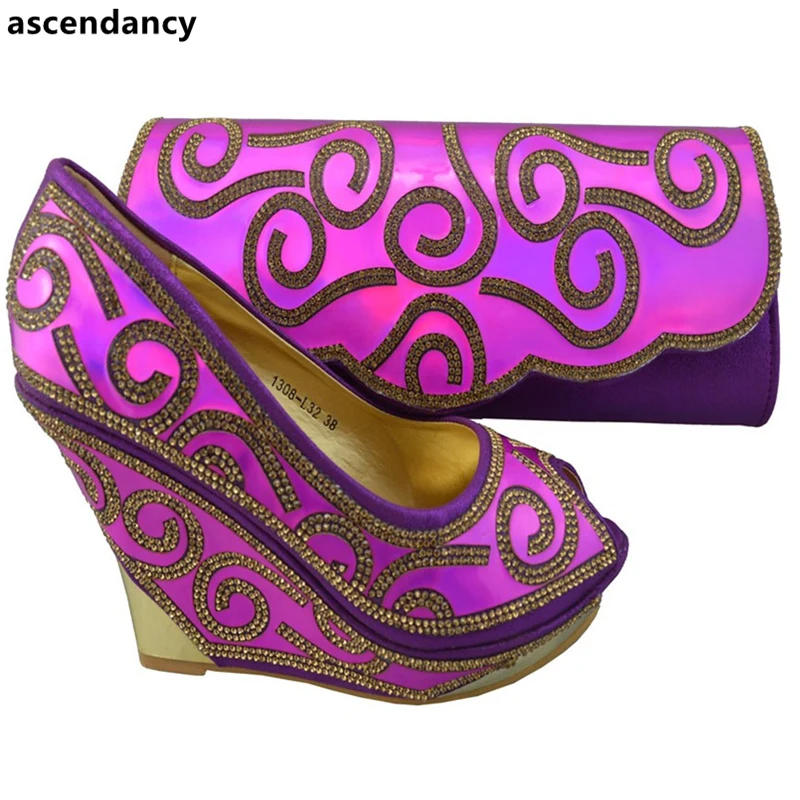 

New Arrival Fuchsia Color Italian Shoes and Bags To Match Shoes with Bag Set Decorated with Rhinestone Party Shoes and Bag Set