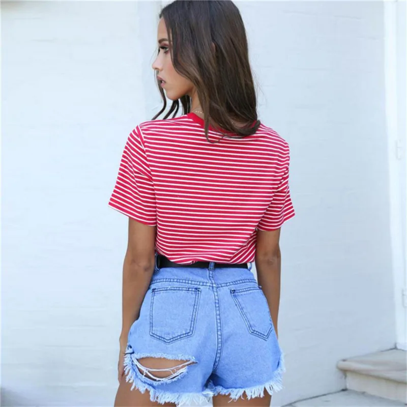 Женская Повседневная укороченная футболка с буквенным принтом Tumblr, красная полосатая хлопковая футболка, мода, летняя женская Свободная Милая футболка