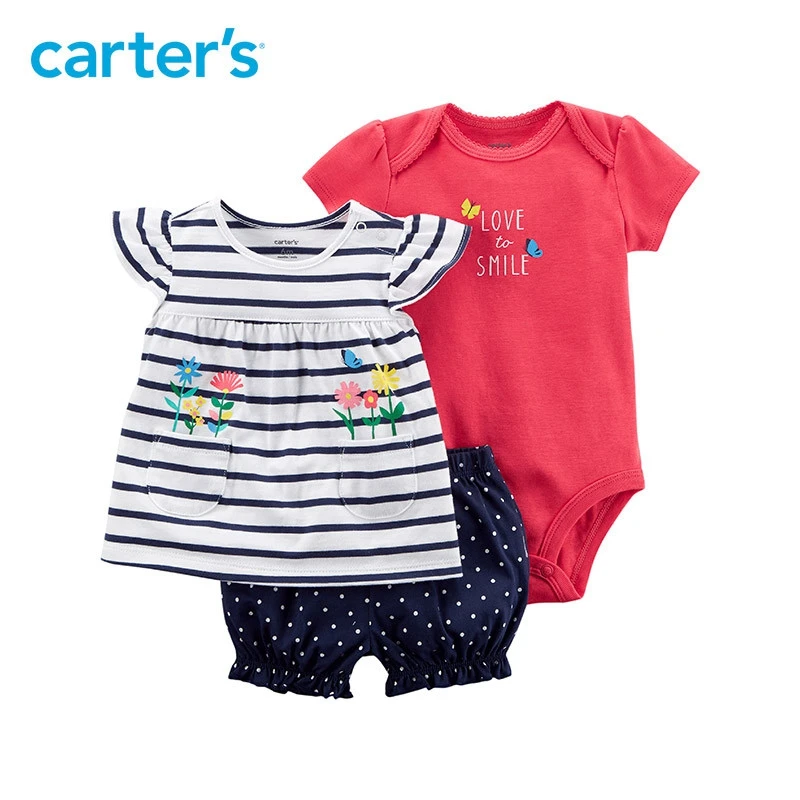 

3pcs clothing sets Flutter sleeves striped tee slogan bodysuit polka dots shorts Carter's baby Girl soft cotton Summer 121I394