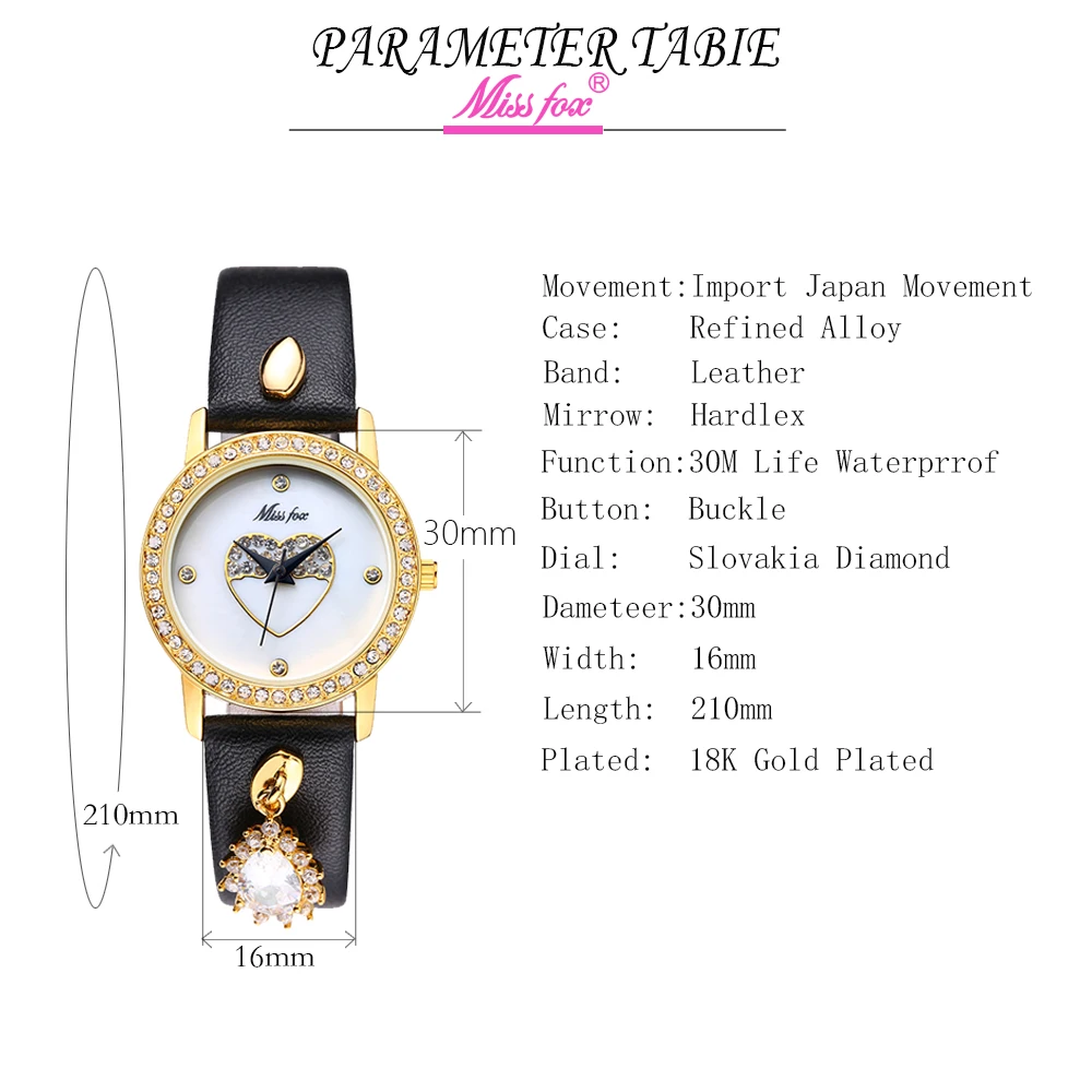 MISSFOX Miss Fox Loving Heart Pattern Womens Watch Leather Gold Waterproof Quartz Wristwatch Girl Starry Blue Stone Montre Femme (8)