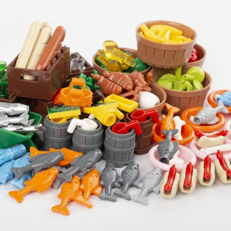 

City Toy Food Accessory Fruits Bread Drink Fish Vegetables Basket Building Blocks Bricks MOC DIY Kits Toys For Children