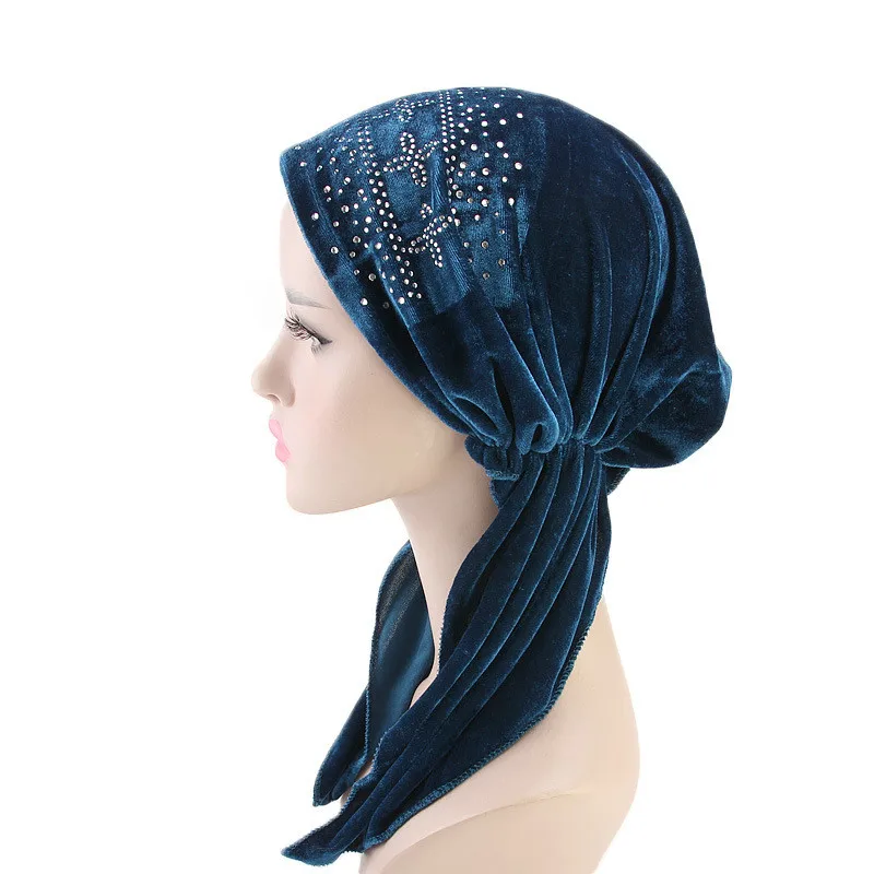 Женский велюровый тюрбан шляпа Мода Бриллианты мусульманские женские внутренние хиджабы Ткань Голова Кепка шапка женские аксессуары для волос мусульманский шарф шапка