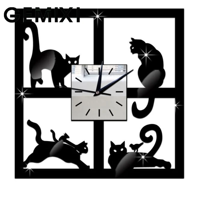 

2018 new 3D Cat Mirror Wall Clock quartz watch modern design large decorative clocks Europe acrylic stickers Living Room 1O24