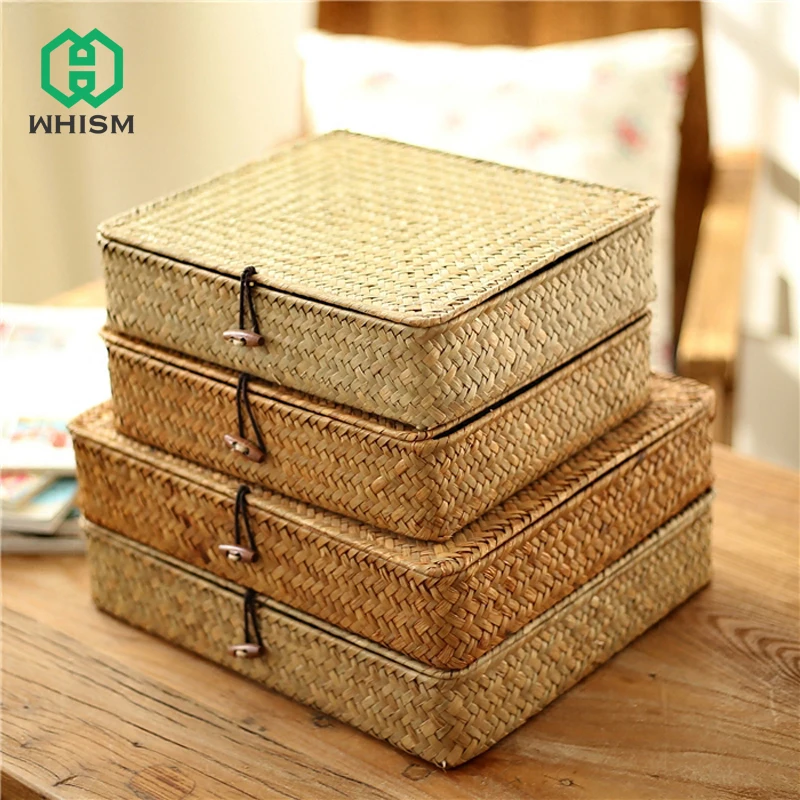  WHISM Rattan Wicker Storage Boxes Handmade Storage Container Jewelry Storage Box Cosmetic Organizer