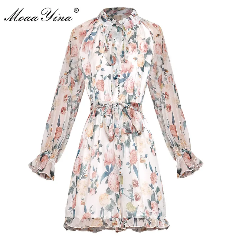 

MoaaYina Spring Summer Designer Jumpsuits Women's Long sleeve Floral-Print Vacation Elegant Lace-Up Chiffon Playsuits