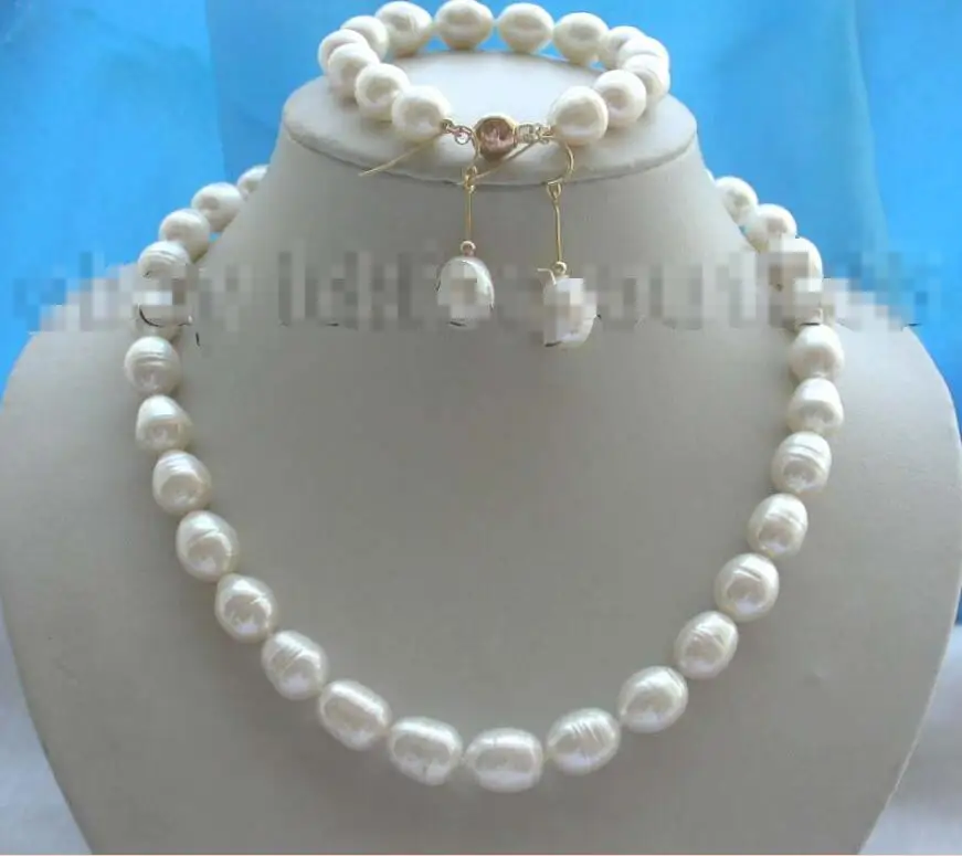 

Free shipping hot sale Women Bridal Wedding Jewelry >>Natural 14mm Rice Pearl Necklace Bracelet Earrings set