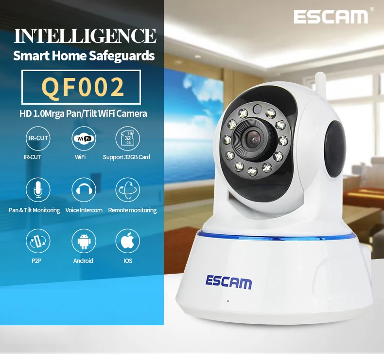  Escam QF002 HD 720P IP Camera Night Vision 3.6mm len H.264 1/4 CMOS P2P WIFI IR Security Surveillance CCTV Mini Dome Camera 