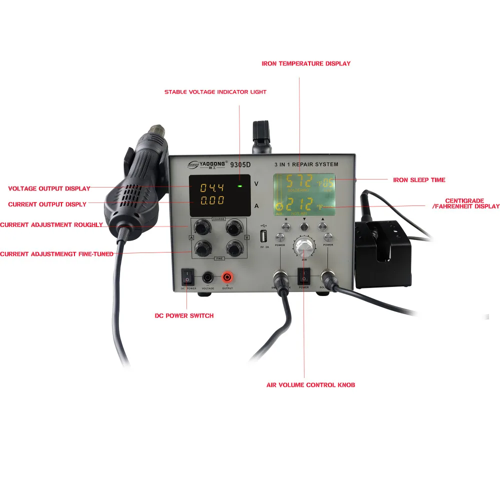 YAOGONG 9305D горячий воздух Бесщеточный 4 в 1 ESD безопасный жк-дисплей Автоматическая цифровая паяльная SMD паяльная станция