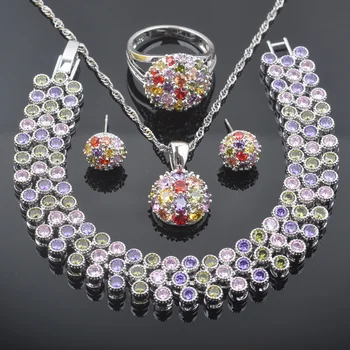 

Bridal jewelry Sets Multicolor Crystal Silver Color Earrings And Necklace Ring Set Nice Design Set for Evening Dress