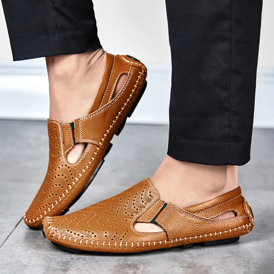 Мужская обувь модные мужские кожаные сандалии, большие размеры 45, 46, 47, повседневные сандалии без шнуровки мужская обувь на плоской подошве Летняя обувь 5 цветов, размер 38-47