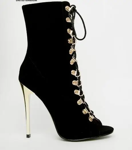 Newest Black Suede Leather Women Peep Toe Ankle Boot Metal High Heel Ladies Lace Up Knight Boots Ankle Bandage Female Boots