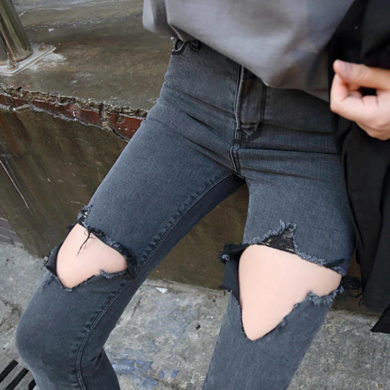 Модные сексуальные черные рваные Женские винтажные джинсы, джинсовые штаны-шаровары, повседневные осенние модные узкие длинные брюки со средней талией