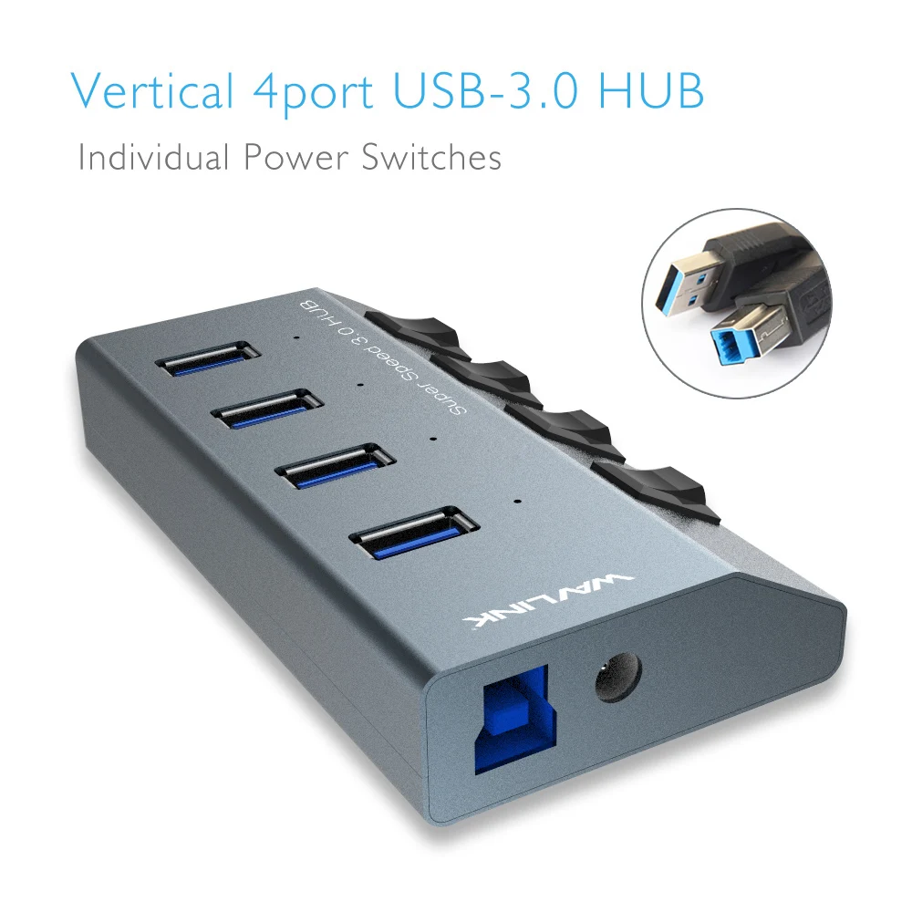 HUB USB 30 de aluminio Wavlink con interruptor de encendido/apagado de alta velocidad HUB USB 30 de