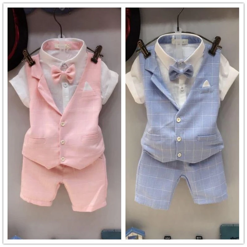 Kids Tuxedo Formal Suit Baby Boy Clothes Set Formal Dress Plaid Blazer
