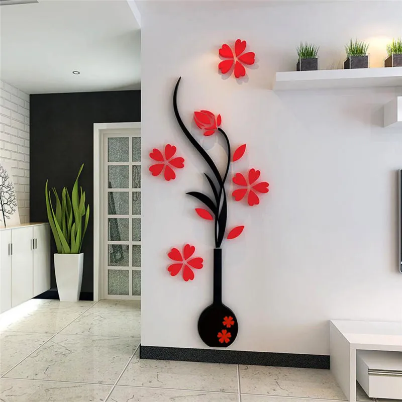 

3D Flat Vase Red Flower Plum Tree Mirror Wall Decals Stickers Living Room Hallway TV Backdrop Art Home Decor