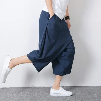 

Men's wide crotch harem pants loose summer large cropped trousers wide-legged bloomers Chinese style flaxen baggy