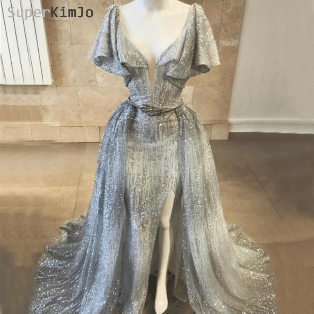 

SuperKimJo Deep V Neck Short Sleeve Evening Dresses 2019 Detachable Skirt Glitter Silver Sexy Evening Gown Formal Dresses