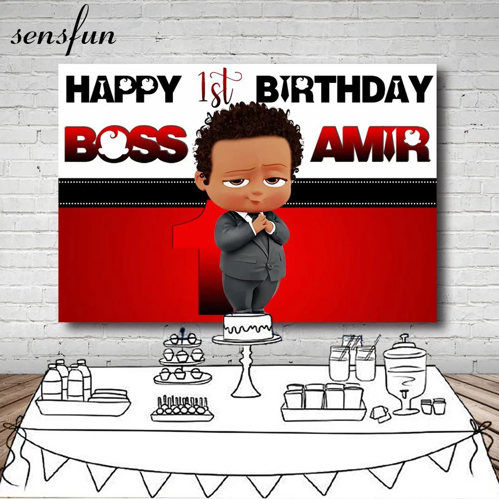 

Sensfun Black Skin Little Boss Baby Photography Backgrounds For Photo Studio Custom White Red Boys 1st Birthday Party Backdrop