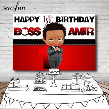 

Sensfun Black Skin Little Boss Baby Photography Backgrounds For Photo Studio Custom White Red Boys 1st Birthday Party Backdrop