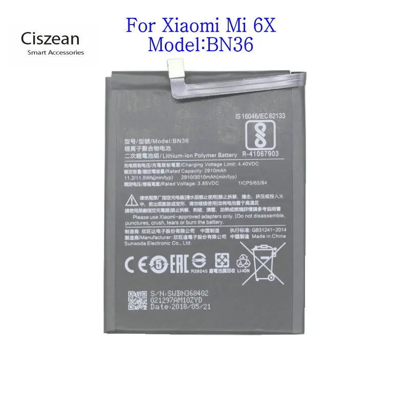 

Ciszean 1x BN36 BN-36 3010mAh Battery Replacement Battery For Xiaomi Mi 6X battereies