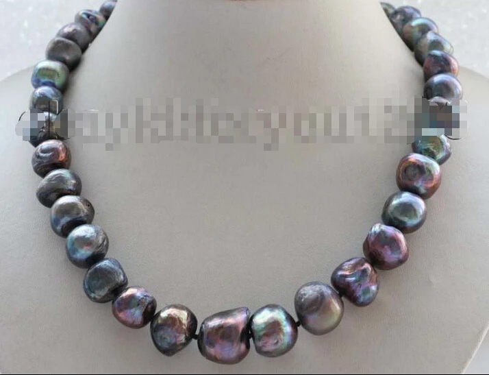 

shipping Genuine Natural 12-16mm Black Baroque Pearl Necklace #f1739!