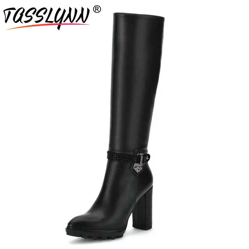 

TASSLYNN 2018 Women Boots Convenient Zipper Square High Heels Winter Shoes Round Toe PU Leather Autumn Ladies Boots Size 34-43