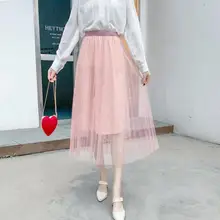 Весна новое поступление корейский стиль фея плиссированная юбка элегантные длинные юбки для женщин с принтом женская юбка из тюля