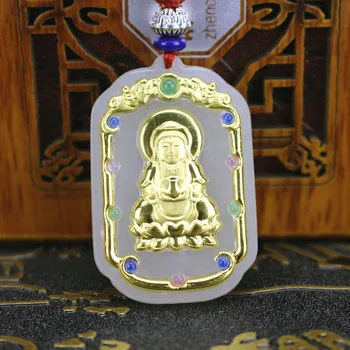 

New Design Hetian Yu Jade Gold Guanyin Pendant Buddhism Kuan yin Men Women Pendants Gift for Xmas