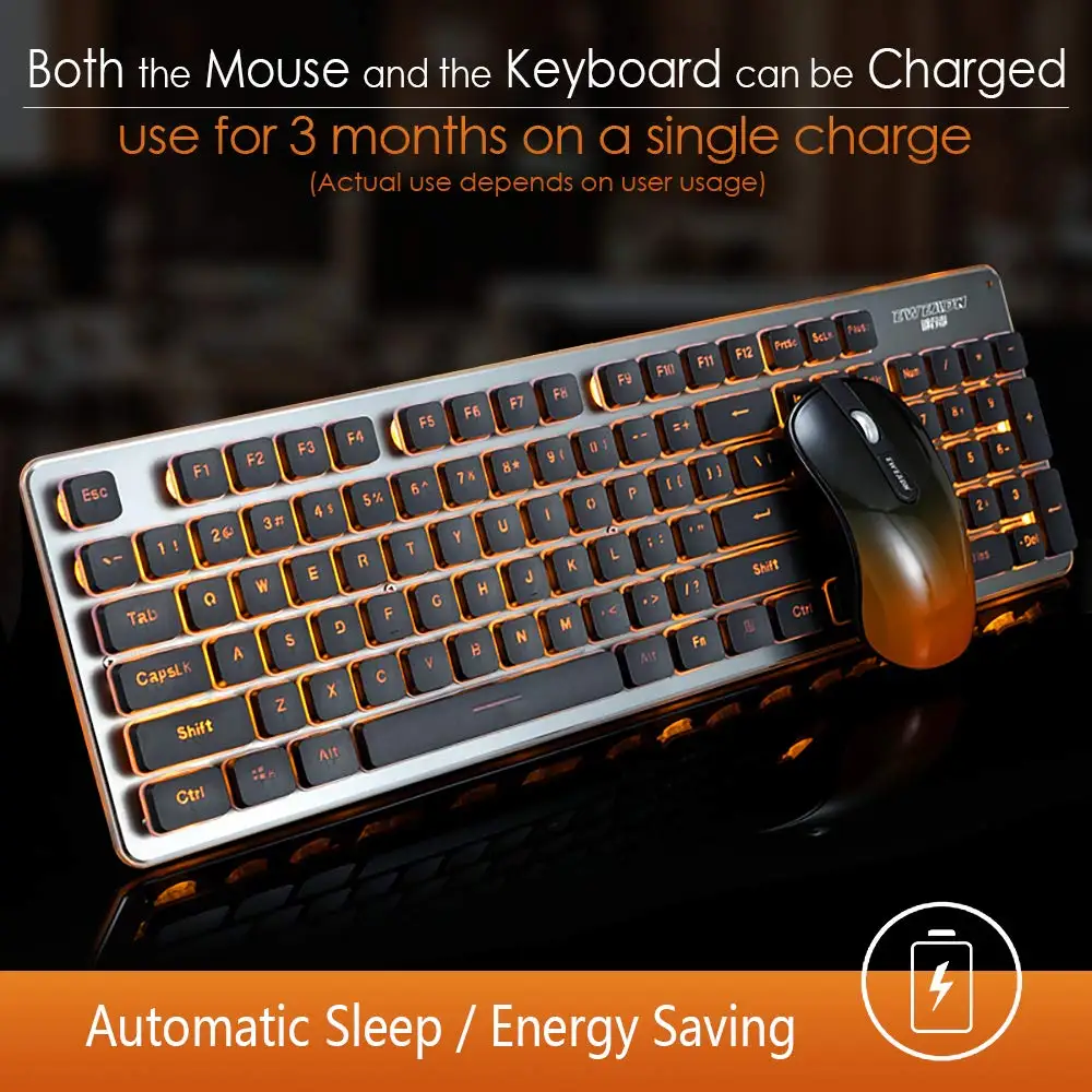 Black Wireless Backlit Mute Keyboard and Mouse Combo，Support Charging,Waterproof 