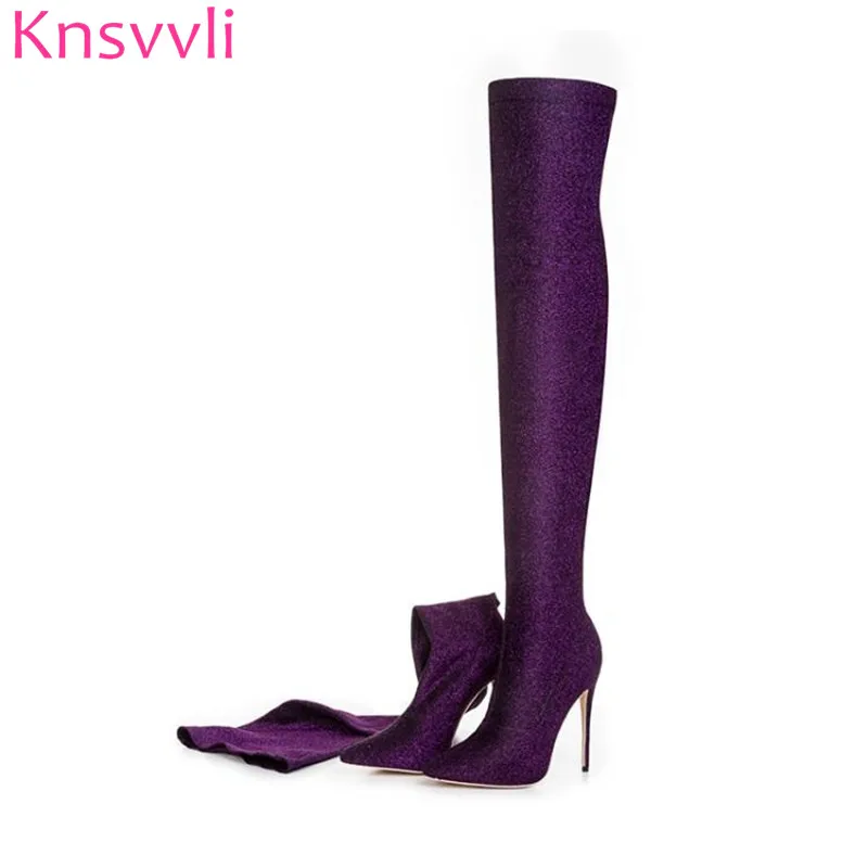 Knsvvli/обтягивающие Стрейчевые сапоги женские сапоги выше колена на высоком каблуке с острым носком пикантные блестки Носки ярких цветов
