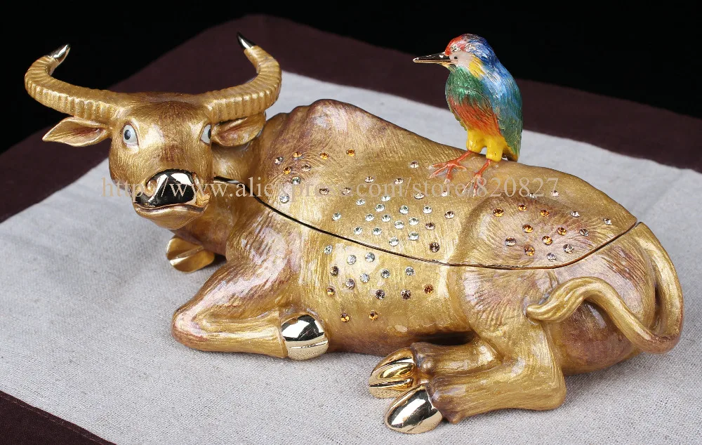 FengShui Cow Cattle Trinket Box Home Decorative Metal Animal Ox Crafts with Bird Cute and Humor Cow Treasure Jewelry Storage Box cute home best gift for children and lady desktop air cooler pet mini fan usb rechargeable portable handheld fans for