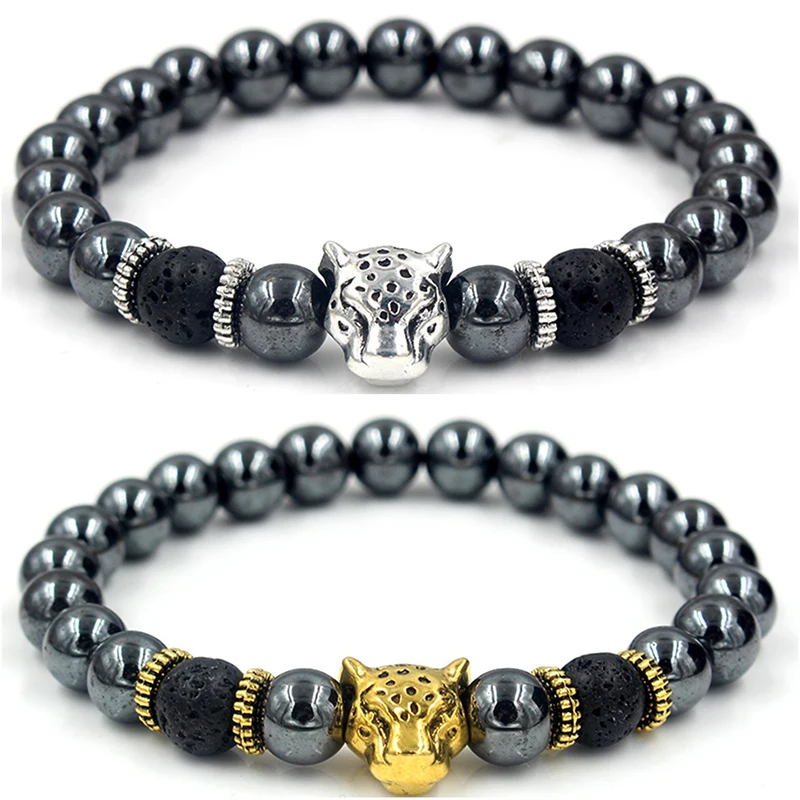 Hematite Stone Bead Bracelet Panther Crown Lion Charms bracelet jewelry
