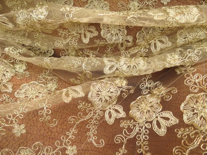 Золотые вышитые кружевные ткани повторяющийся цветок сетки ткани мягкий тюль двойные границы 120 см в ширину
