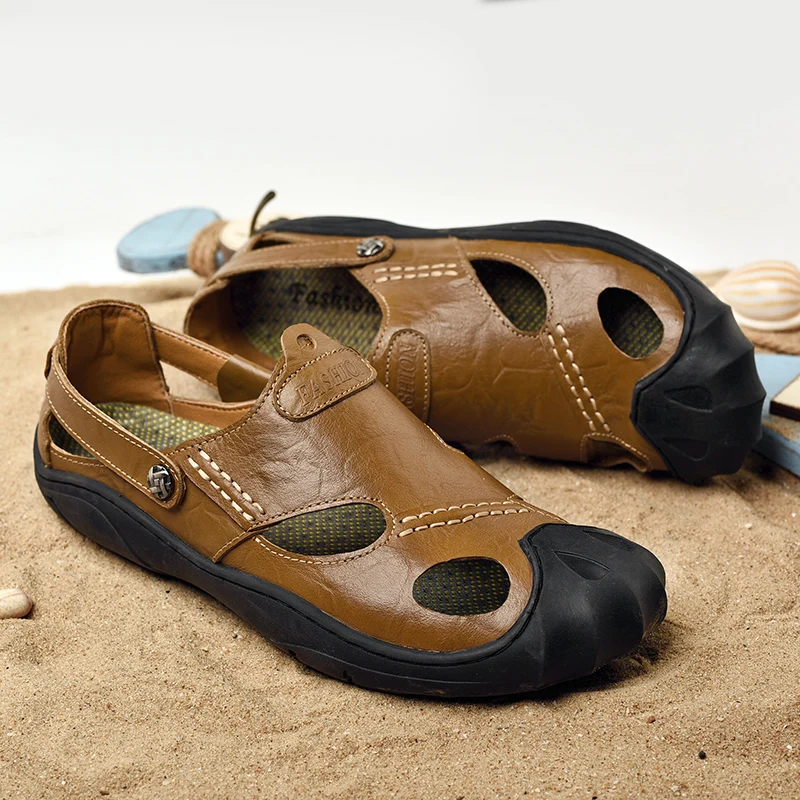 Мужская обувь из натуральной кожи; дышащие сандалии в стиле ретро; нескользящие пляжные сандалии; пляжная летняя обувь для мужчин; Прямая поставка
